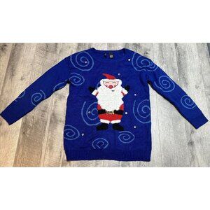 Christmas Womens Sweater Large Tunic Blue Santa‎ Sequins Rhinestones Faux Fur